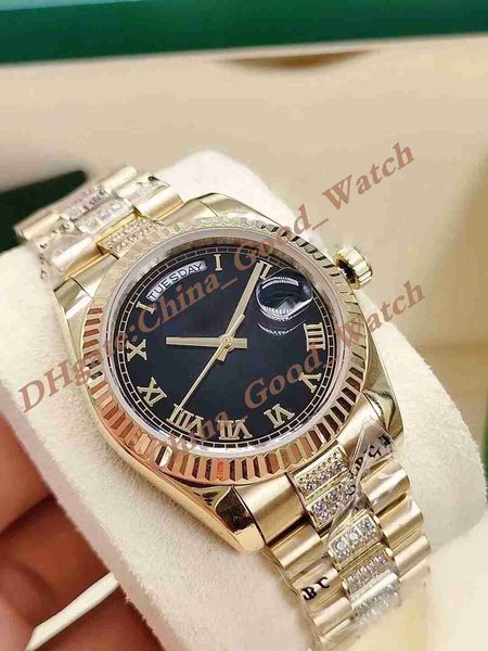 

36mm watches for men 3 color watch men's yellow gold black dial automatic movement steel bracelet diamond strap wristmaps sapphire crys, Slivery;black