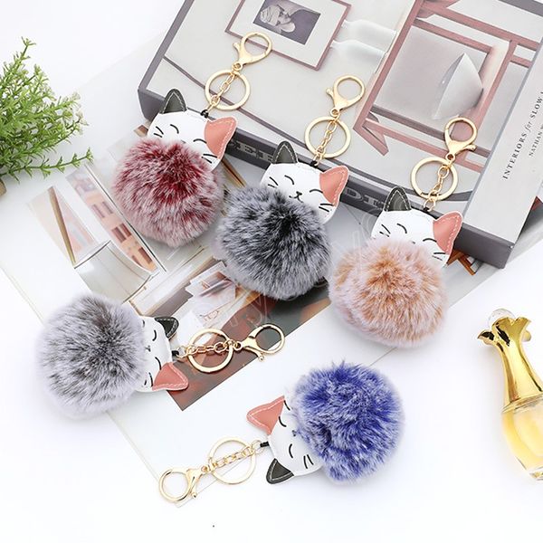 

cute fur ball keychain cat soft pompom pu leather animal hairball car key chain women bag accessories key ring mom gifts, Slivery;golden