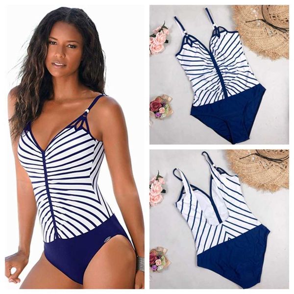 

swim wear women swimsuit plus size one piece swimwear deep v neck 2022 striped vintage backless bathing suit tummy control monokini beach t2