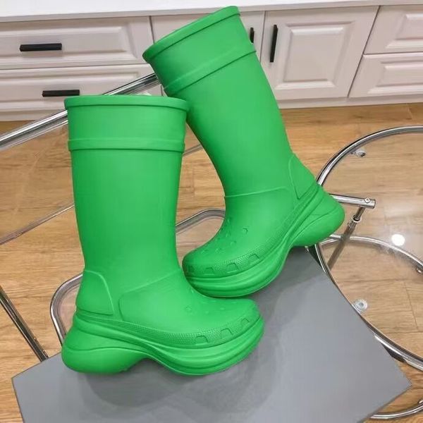 

men's women's long rain boots fashion environmental protection soft film pull leather waterproof military boots thick heel 6cm sho, Black