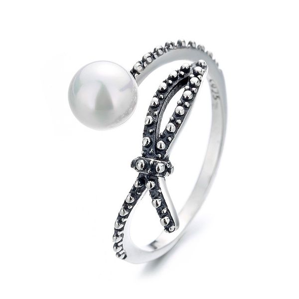 

retro silver 925 pearl bow knot ring for women vintage geometric adjustable silver knotted finger rings female valentines gift