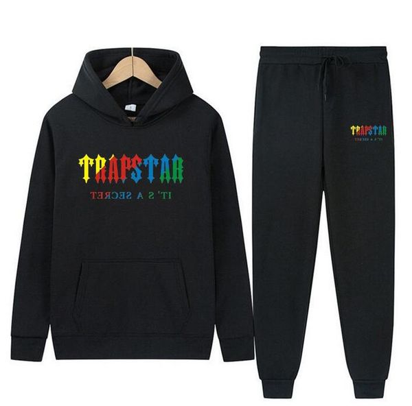 

men's tracksuits brand trapstar printed sportswear men 16 colors warm two pieces set loose hoodie sweatshirt pants jogging, Black