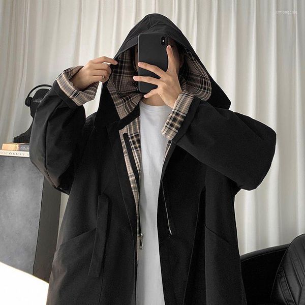 

men's jackets 2022 spring autumn hooded jacket korean loose trend vintage hong kong style plaid handsome windbreaker preppy hip hop, Black;brown