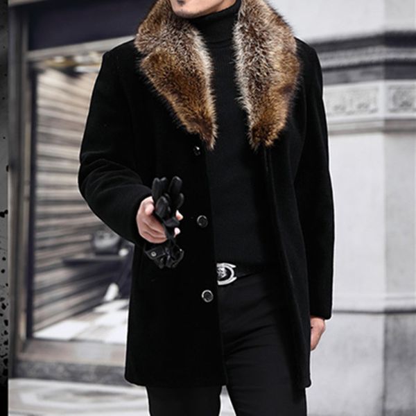 

men blends winter men long woolen coat fur collar warm male solid slim casual windbreaker jacket autumn fashion outwear plus size 221208, Black