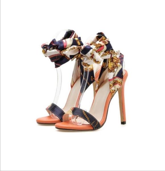 

summer fashion printing crosstied stiletto round toe peep women sandals 2021 party high heel silk scarf2066133, Black