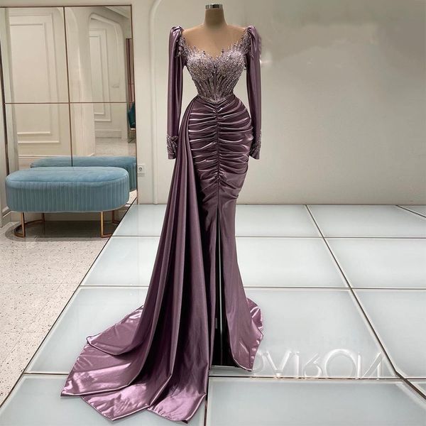 

purple new arrival evening dresses v neck long sleeves satin floor length beaded pearls shiny sequins appliques folds celebrity prom dress f, Black;red