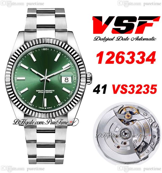 

vsf just 126334 vs3235 automatic mens watch 41 fluted bezel rhodium gren dial stick markers 904l oystersteel bracelet super edition same ser, Slivery;brown