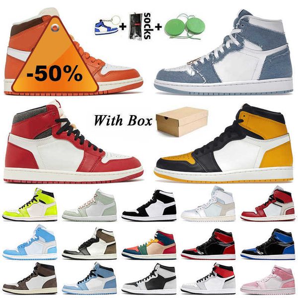 

og with box jumpman 1 basketball shoes women men starfish 1s denim lost and found taxi yellow toe patent bred trainers dark mocha homage off, Black