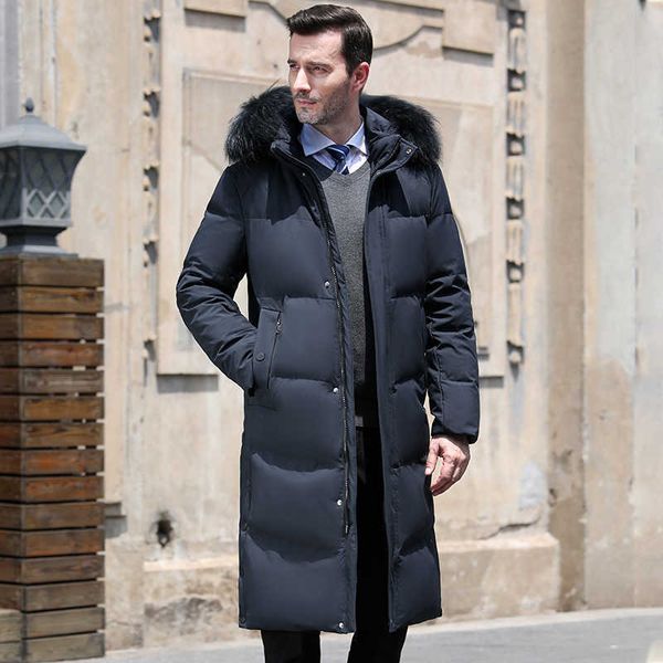 

2022 long over knee plush thickened casual business dad down jacket for men with fur collar, Black
