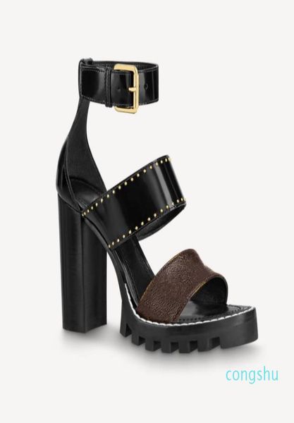 

women leather sandals star trail designer lady ankle strap studs buckle letter printed chunky heel treaded rubber outsole s9619627, Black