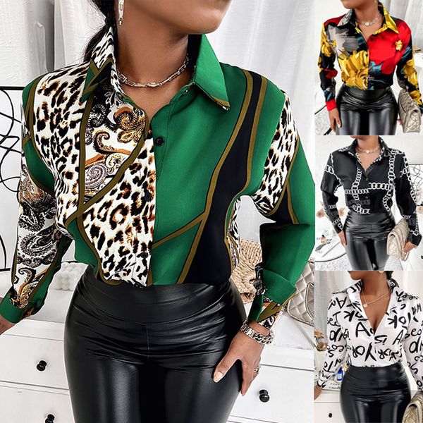 

printed shirt spring elegant office ladies blouse lapel long sleeve buttons casual for woman, White