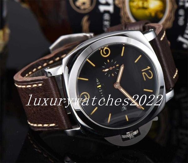 

real p mens watch 44mm power reserve black dial steel leather strap pam transparent back movment automatic mechanical business wristwatches, Slivery;brown