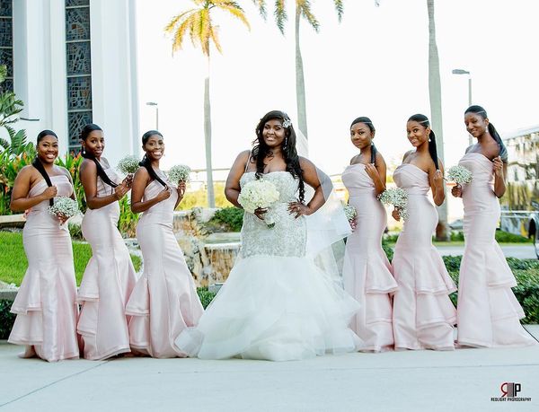 

light pink plus size mermaid bridesmaid dresses long for women strapless tiered maid of honor pleats floor length wedding guest gowns custom, White;pink