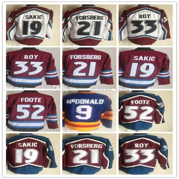 

vintage ice hockey jersey 52 adam foote 21 peter forsberg 9 paul 19 joe sakic 33 patrick roy 1 chico resch 14 rene robert 9 lanny mcdonald m, Black;red