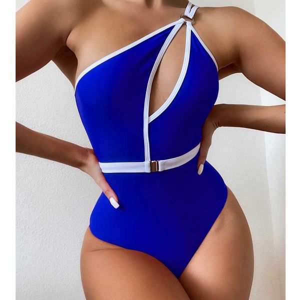 

swim wear vigocasey hollow out one shoulder swimwear women 2022 one piece swimsuit female high waist monokini solid belt bathing suit t22120