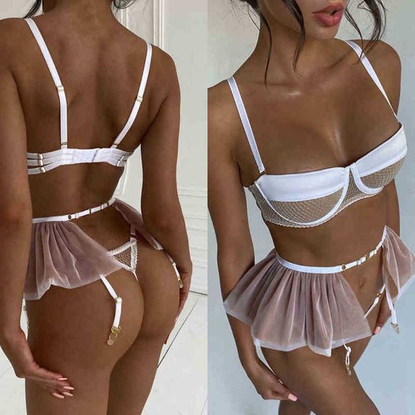 

nxy underwear mesh steel ring cotton cup bra lace garter thong three piece fun suit 220609, Red;black