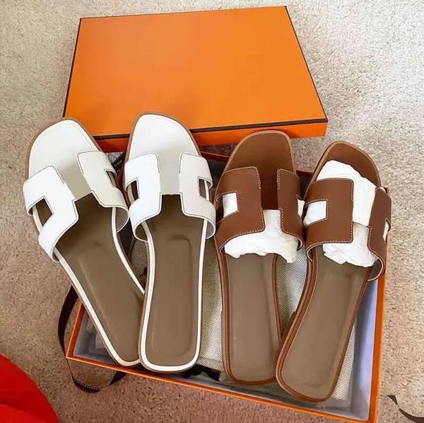 

leather women sandals slide summer flats fashion flat beach womens slippers h letter slippers 35-42, Black