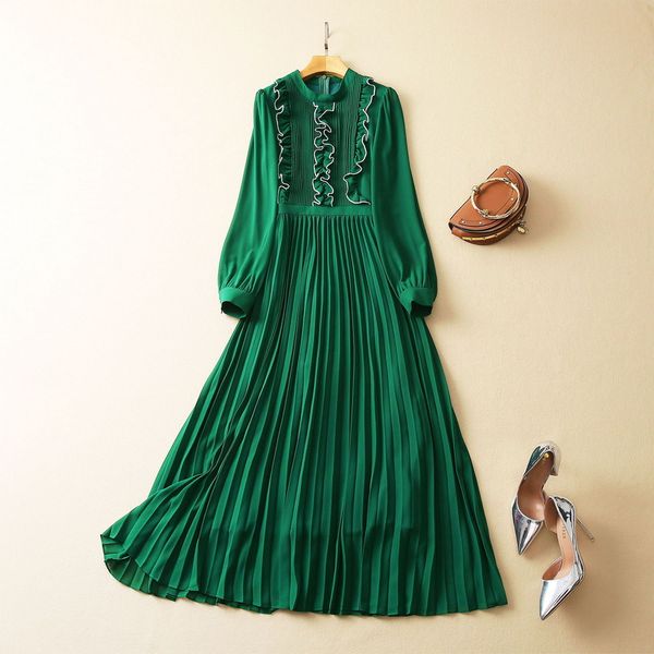 

2023 spring black / green solid color pleated dress long sleeve round neck panelled chiffon midi casual dresses s2d072323 plus size xxl, Black;gray