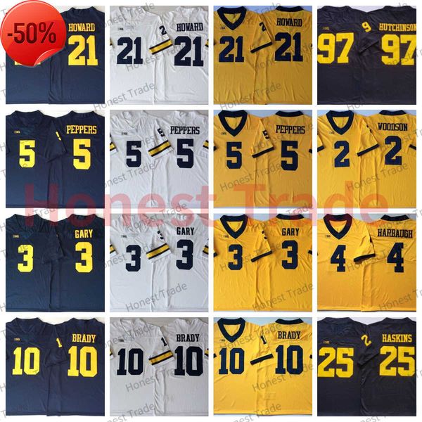 

ncaa 10 tom brady football jersey michigan wolverines 4 jim harbaugh 3 rashan gary 21 desmond howard charles woodson jabrill peppers hutchin, Black;red