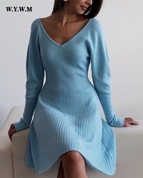 

casual dresses wywm winter knitted long sleeve women soft lazy vneck sweater pit streaks flexible ladies vestidos clothes 221208, Black;gray