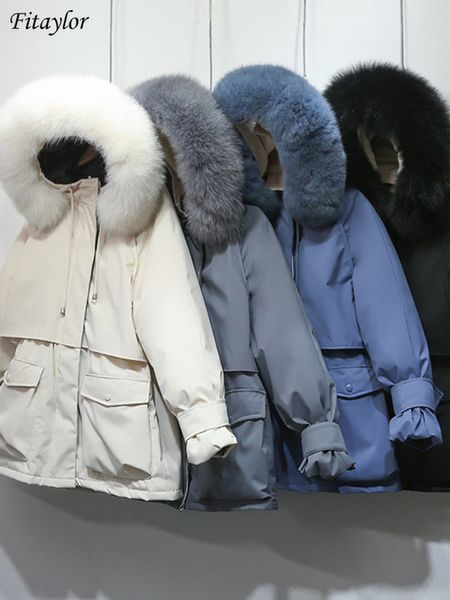 

women s down parkas fitaylor winter jacket women large natural fur white duck coat thick warm sash tie up zipper snow outerwear 221208, Black