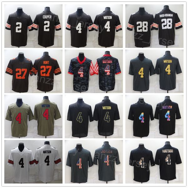 

men football 4 deshaun watson jersey 28 jeremiah owusu-koramoah 27 kareem hunt 2 amari cooper olive salute to service usmc color rush goddes, Black;red