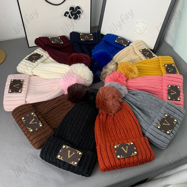 

designer beanie flower label hats luxury knitted furry ball hat fashion pink cotton beanies for womens warm v caps soft bonnet 12 colors, Blue;gray