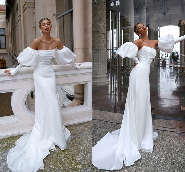 

simple plus size mermaid wedding dresses beach strapless backless pleats draped puffy long sleeves satin garden court train bridal gowns cus, White