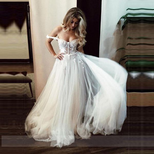 

lace wedding dresses off the shoulder boho bride dress backless a line wedding gowns vestidos de novia spaghetti straps, White