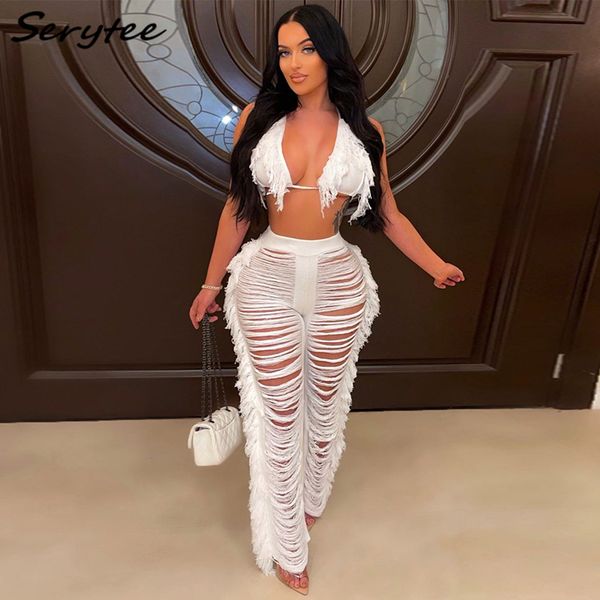 

serytee 2 pcs pants women knitted two piece set halter bra crop and crochet pant matching set hollow out beach suit white 2023