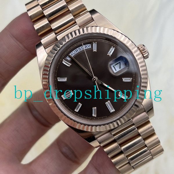 

mans watch designer watches 40mm diamond set gold dial fluted bezel ice automatic mechanical movement sapphire glass president stainless men, Slivery;brown