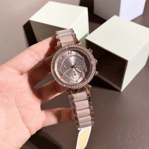 

diamond women's watch steel band gold quartz movement watches quality dial diameter 38mm sports black bracelet never fades classic mk54, Slivery;brown