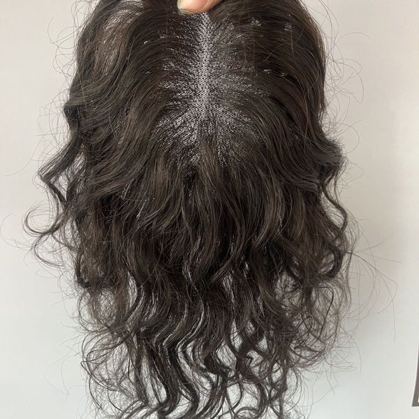 

wavy silk skin base er human hair toupee europeaners virgin extension with 4 clips for layer hair 15x16cm 6x6 inch, Black;brown