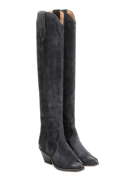 

lady cowskin suede leather square chunky 5cm med heels knee boots pleated women martin knight cowboy booties pillage toes short pl6332505, Black