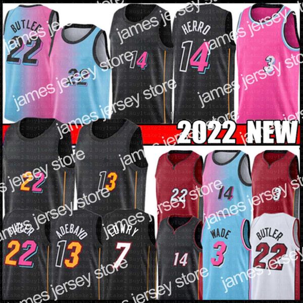 

basketball jerseys jimmy 22 butler bam 13 ado miamis tyler 14 herro basketball jersey 2022 city dwyane 3 wade heats kyle 7 lowry pink blue w, Black;red