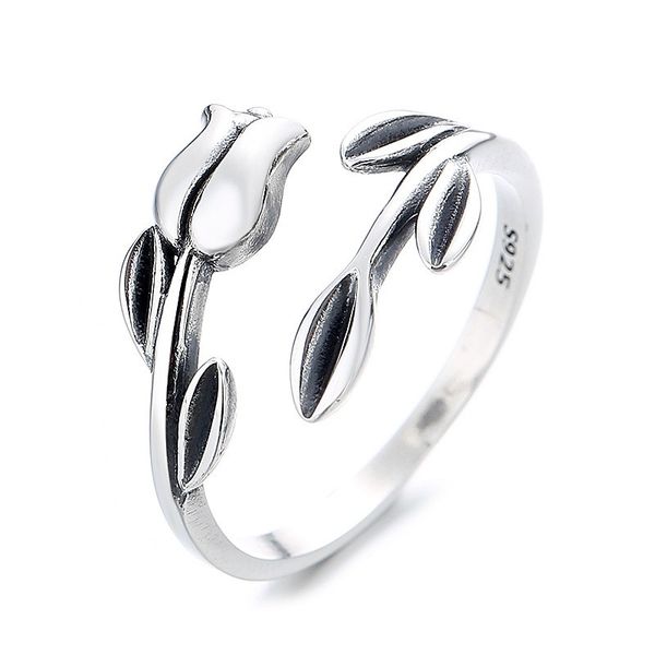 

vintage 925 sterling silver rose ring for women romantic sweet design adjustable silver leaf flower finger rings female valentines gift