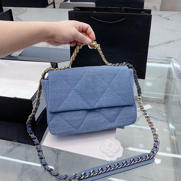 

19series ladies girls designer denim shoulder bags gold chain handle totes two-tone crossbody purse large capacity outdoor sacoche designer