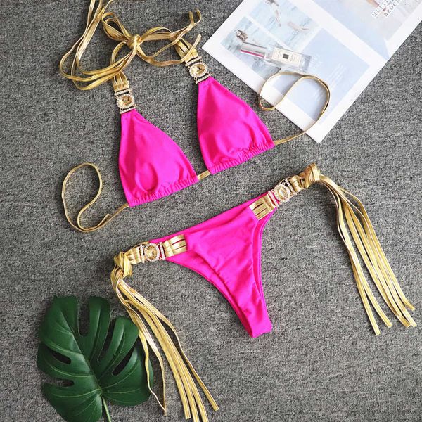 

swim wear 2022 rhinestone crystal tassel bikini women golden bandeau swimsuit female halter swimwear two-pieces bikini set bathing suit t221