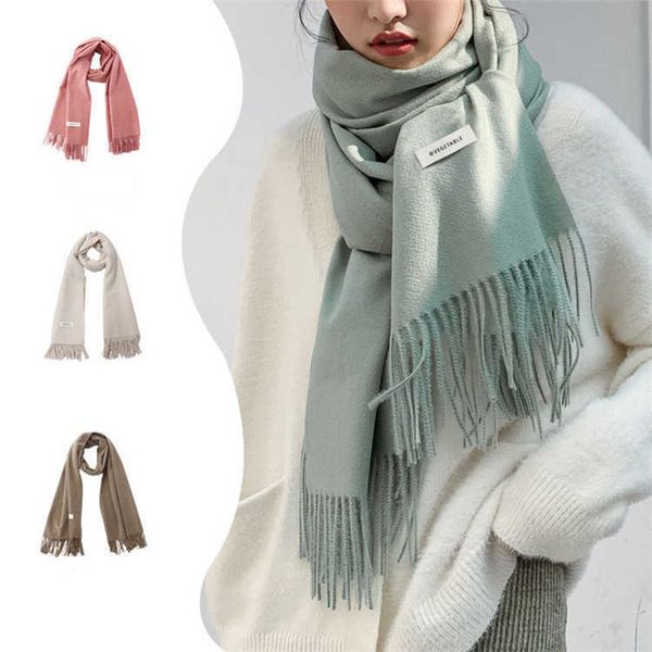 

scarves hat glove suit scarf new solid color women's gift collar warm long tassel full-color casual shawl winter, Blue;gray