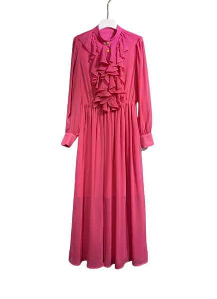 

2023 spring new temperament lady stand collar ruffle plain long dress, Black;gray