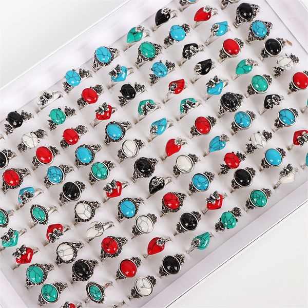 

bohemia vintage antique fashion pine stone rings natural stone gem jewelry for men silvery golden party wedding gifts wholesale 20pcs/lot, Golden;silver