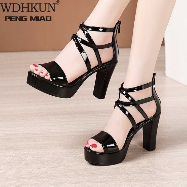 

sandals big size 32-43 block heel platform women wedding shoes 2021 summer high heels gladiator patent leather t221209, Black