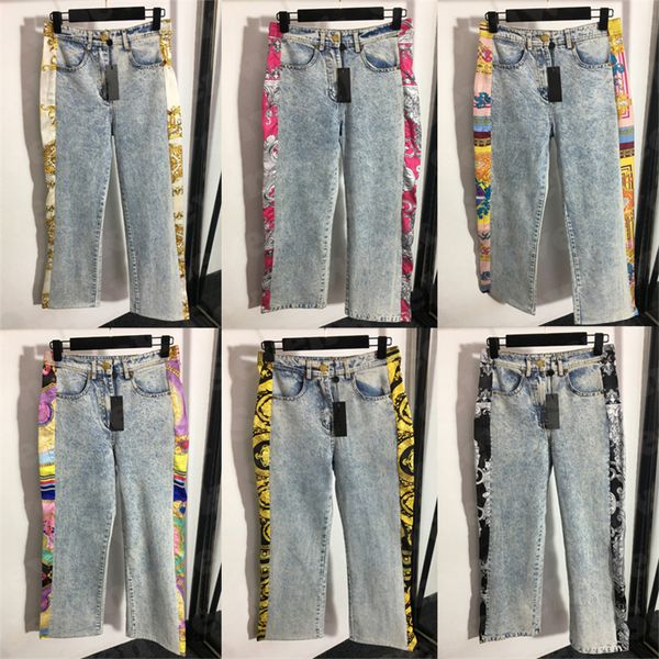 

womens designer jeans trousers silk splicing straight pants high grade ladies denim pant clothing, Blue