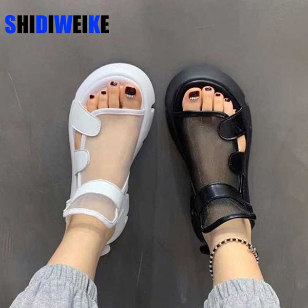 

sandals sandals women 2022 summer new fashion thick-bottomed breathable eugene yarn mesh magic paste roman sandals hook loop ad1255 t221209, Black