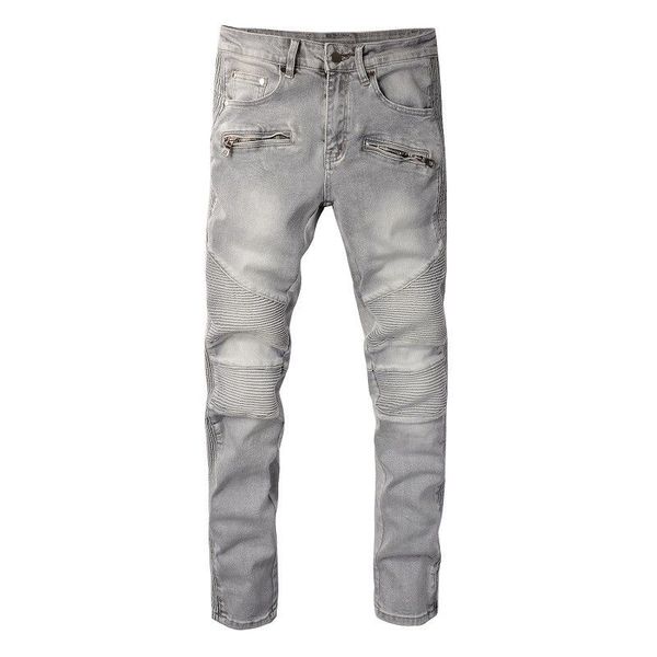 

vintage slim fit balm mens jeans stretched moto denim gray pant patchwork slim stretch zipper pencil pants, Blue