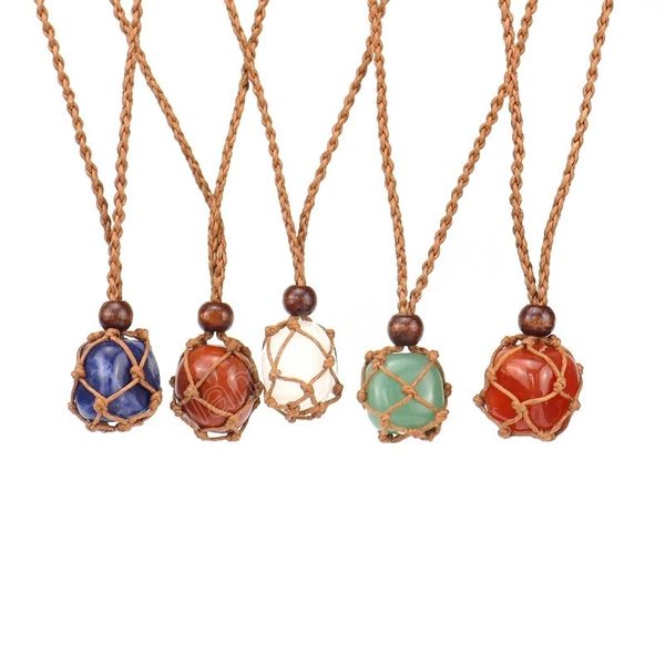 

net wrapped crystal pendant necklaces adjustable long length stone pendant gemstone jewelry, Silver