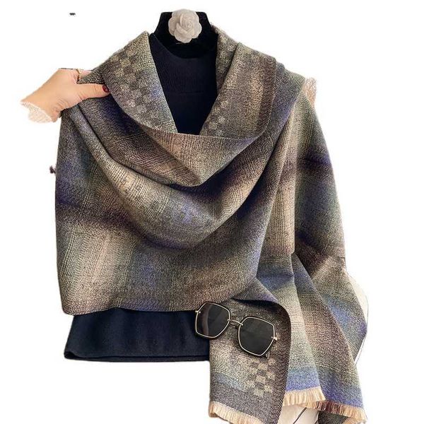 

scarves hat glove set scarf 2022 south korea ins girls versatile warm cashmere fine flow suu autumn winter vintage plaid, Blue;gray
