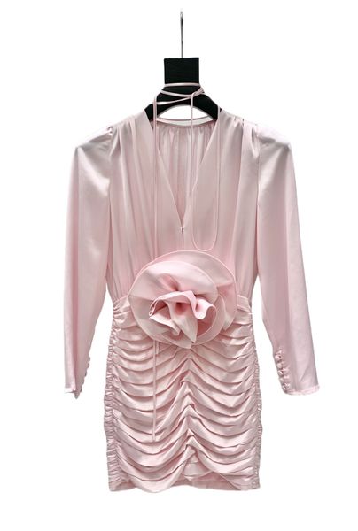 

autumn temperament new pink silk acetate pleated big flower dress, Black;gray