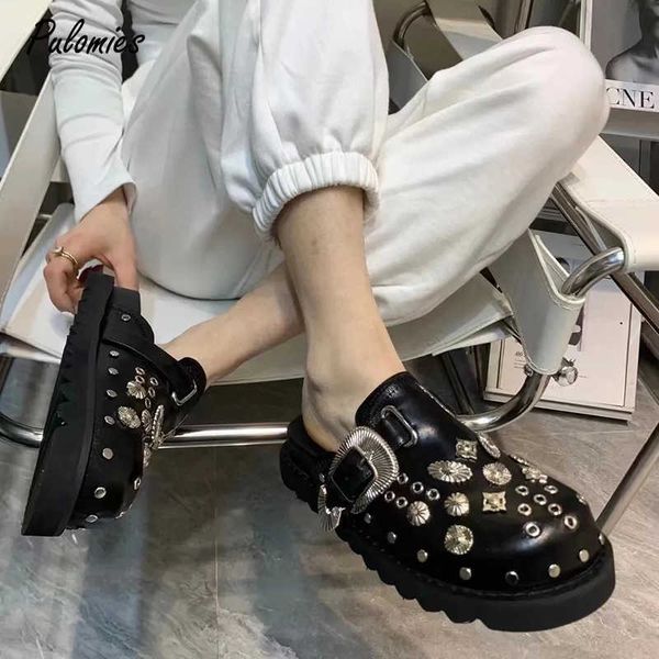

slippers fashion trend women shoes spring summer sandals punk metal outdoor platform slippers soft pu mules female casual shoes t221209, Black