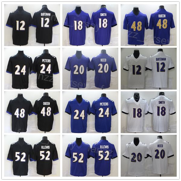 

men football 24 marcus peters jersey 12 rashod bateman 18 breshad perriman 20 ed reed 48 patrick queen 52 ray lewis purple white black team, Black;red